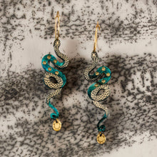 Load image into Gallery viewer, MEDUSA Small Snake Hoop Earrings | Teal + Gold