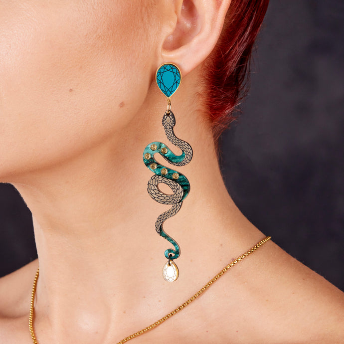 MEDUSA Dangle Snake Earrings | Teal + Gold