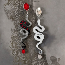 Load image into Gallery viewer, MEDUSA Silver Dangle Snake Stud Earrings | Ruby + Onyx