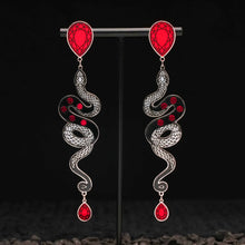 Load image into Gallery viewer, MEDUSA Silver Dangle Snake Stud Earrings | Ruby + Onyx