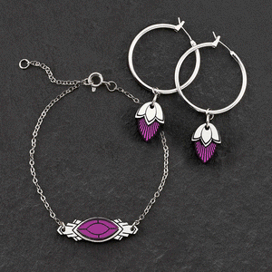 The Maine and Mara ATHENA Amethyst Purple and Silver Art Deco Bracelet with matching hoop pendant earrings