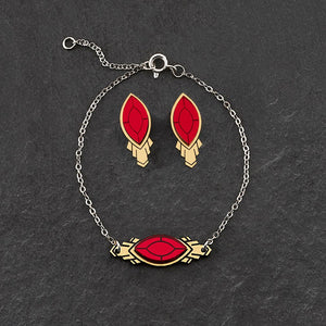 Handmade Maine and Mara ATHENA Silver Bracelet with ruby red gem and matching stud earrings