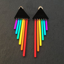 Load image into Gallery viewer, Handmade Maine and Mara Cheeky Chimes Earrings with black triangle and RAINBOW Pride Dangles