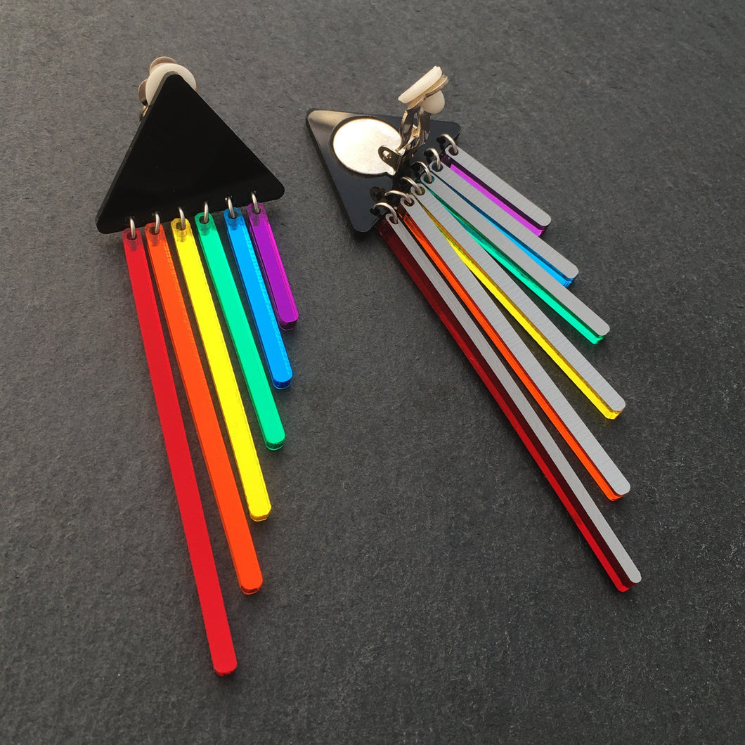 Handmade Maine and Mara Cheeky Chimes Earrings with black triangle and RAINBOW Pride Dangles Front and back
