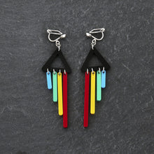 Load image into Gallery viewer, Maine and Mara handmade Clip-on Earrings with black triangle and RAINBOW Pride CHIMETTE Short Dangles