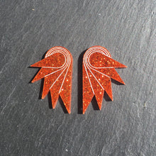 Load image into Gallery viewer, Pair of handmade Maine and Mara Jewellery SPREAD YOUR WINGS Studs in Glittery Burnt Orange