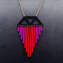 Load image into Gallery viewer, Long Colour Pop Chimes Pendant Statement Necklace in Red and Purple by Maine and Mara