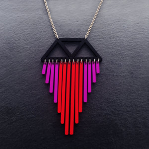 Long Colour Pop Chimes Pendant Statement Necklace in Red and Purple by Maine and Mara