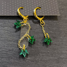 Load image into Gallery viewer, Earrings POISON IVY MISMATCHED HUGGIE HOOPS Poison Ivy Green and Gold dangles