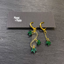 Load image into Gallery viewer, Earrings POISON IVY MISMATCHED HUGGIE HOOPS Poison Ivy Green and Gold dangles