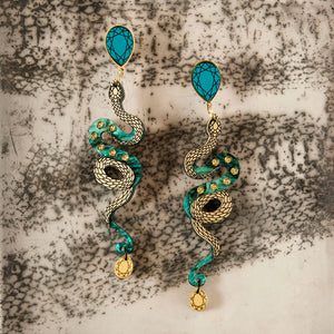 MEDUSA Dangle Snake Earrings | Teal + Gold