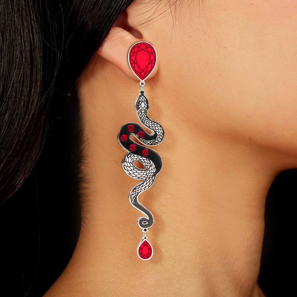 MEDUSA Silver Dangle Snake Stud Earrings | Ruby + Onyx