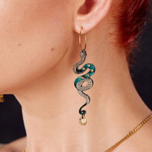 Load image into Gallery viewer, MEDUSA Small Snake Hoop Earrings | Teal + Gold