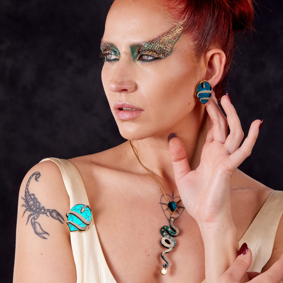 MEDUSA Gem Stud Earrings | Teal + Gold