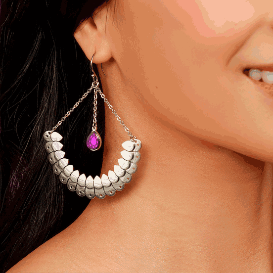 Silver ANUBIS ARC Hook Earrings | Emerald Green + Ruby Red + Amethyst Purple