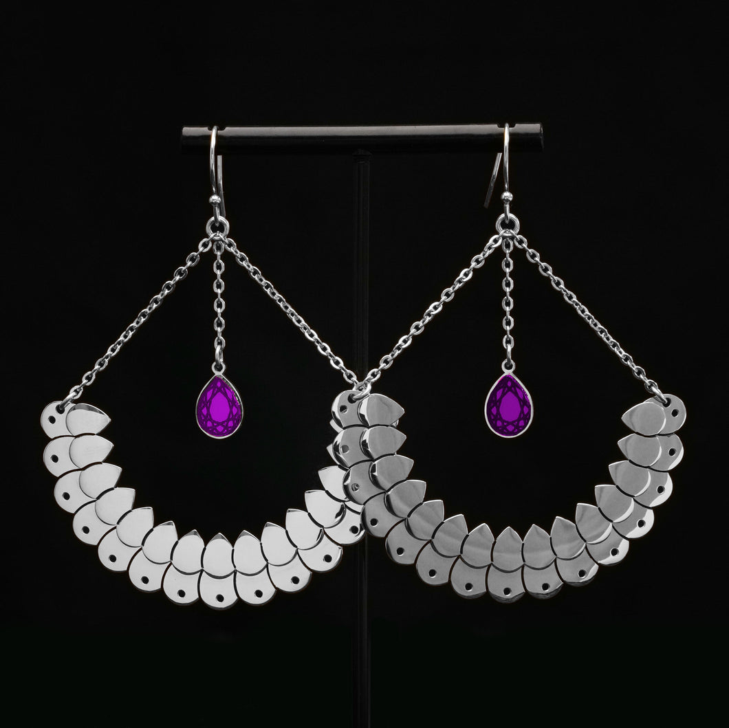 Silver ANUBIS ARC Hook Earrings | Emerald Green + Ruby Red + Amethyst Purple