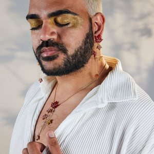 Autumn-leaves-glittery-earrings-and-matching-necklace-statement-jewellery-worm-by-male-model-by-maine-and-mara