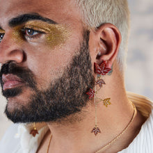Load image into Gallery viewer, Autumn-leaves-glittery-earrings-statement-jewellery-worm-by-male-model-by-maine-and-mara