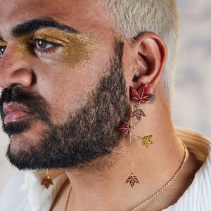 Autumn-leaves-glittery-earrings-statement-jewellery-worm-by-male-model-by-maine-and-mara