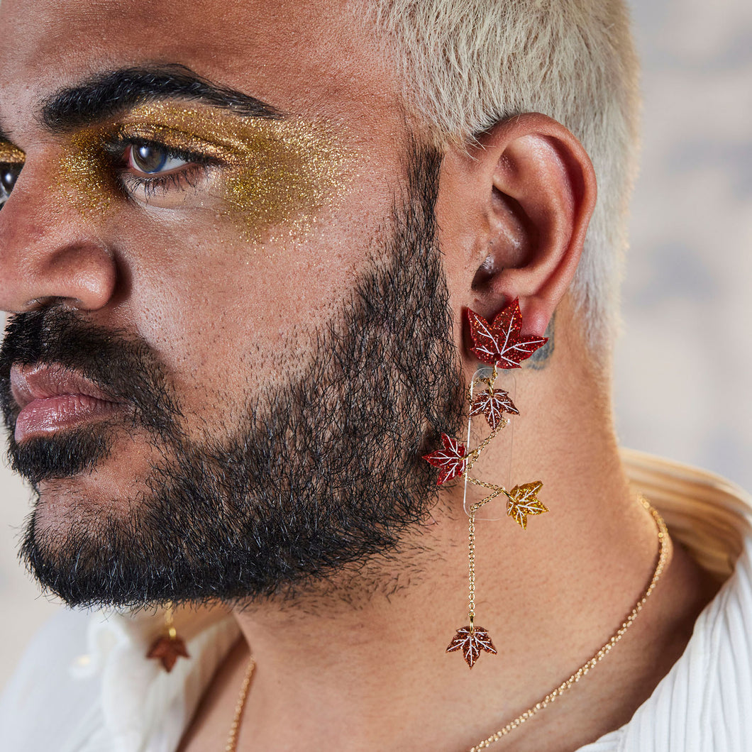 Autumn-leaves-glittery-earrings-statement-jewellery-worm-by-male-model-by-maine-and-mara