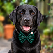 A black Labrador retriever sitting on a wooden bench outdoors, wearing a green bow tie with a small gold button accent.