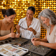 Load image into Gallery viewer, Three women gathered around a table displaying and trying on eyewear and jewelry in a warmly lit setting with a gold sequin backdrop.