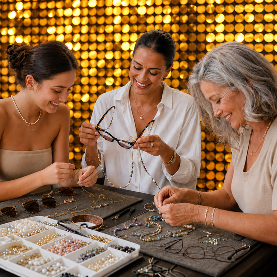 Three women gathered around a table displaying and trying on eyewear and jewelry in a warmly lit setting with a gold sequin backdrop.