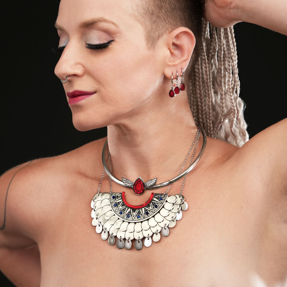 CLEOPATRA GEMMED ARC PENDANT NECKLACE | Ruby Red and Silver