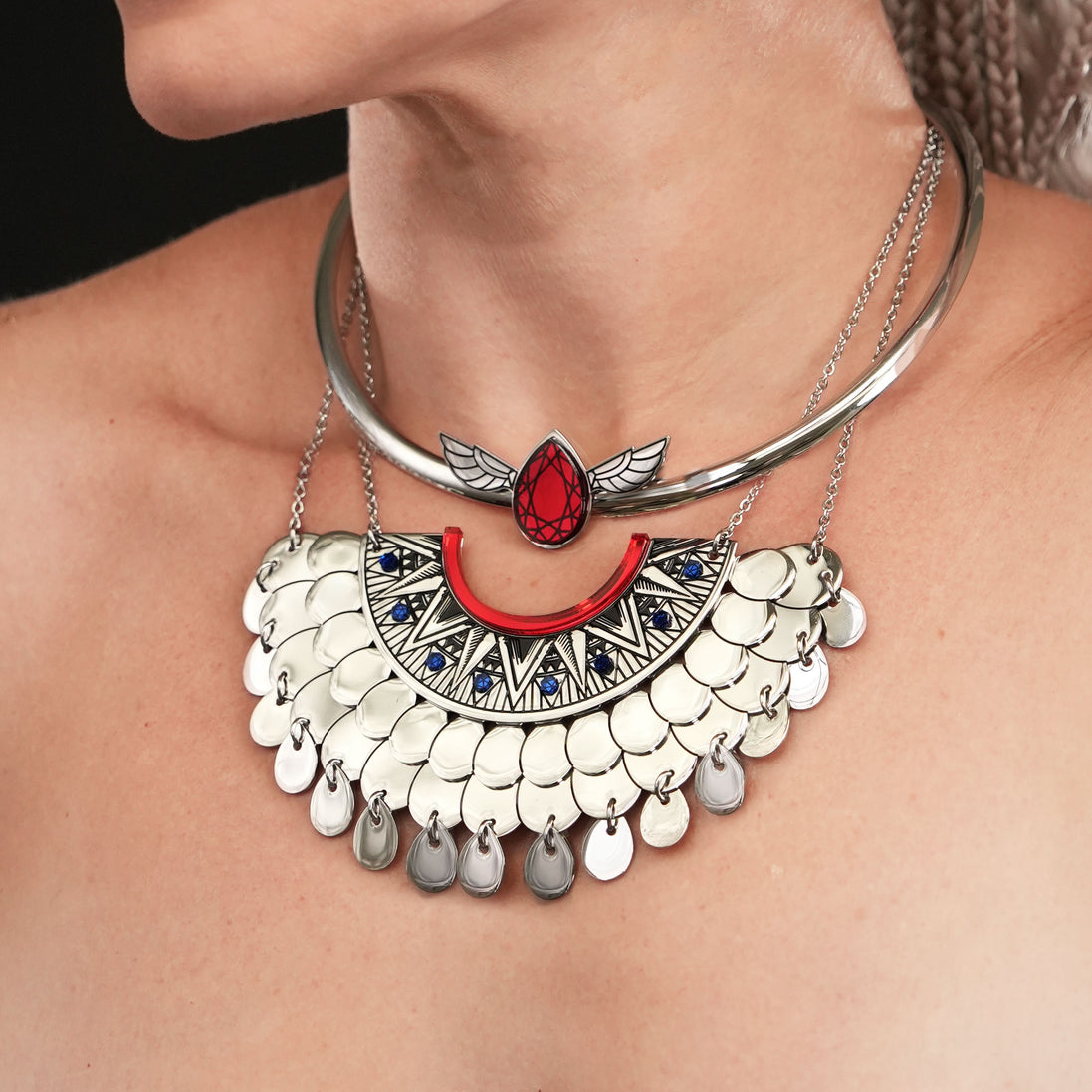 CLEOPATRA GEMMED ARC PENDANT NECKLACE | Ruby Red and Silver