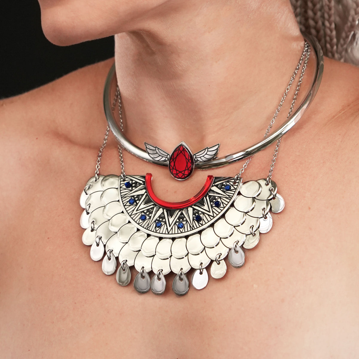 CLEOPATRA GEMMED ARC PENDANT NECKLACE | Ruby Red and Silver