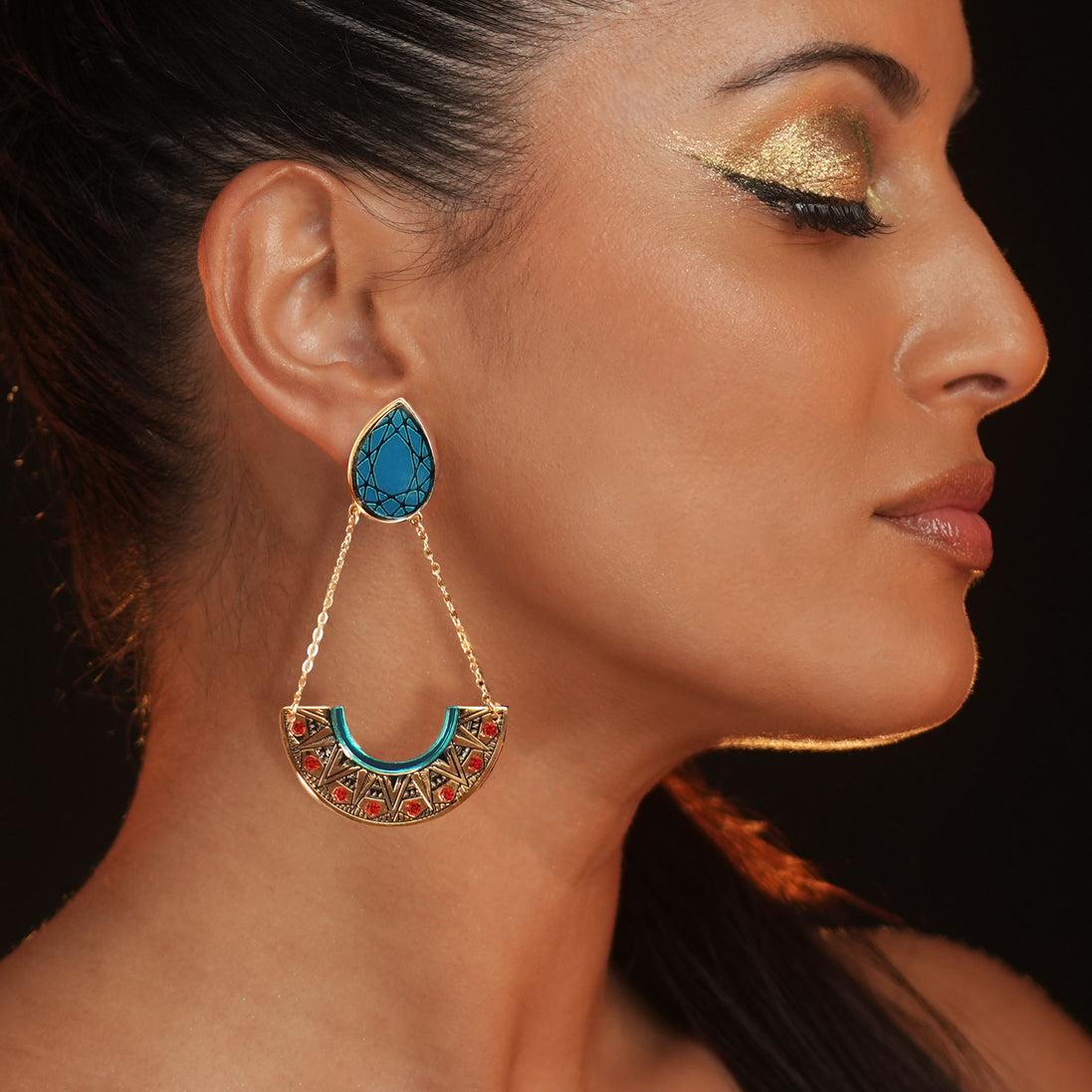 CLEOPATRA STATEMENT STACKABLE CLIP ON DANGLES| Teal and Gold