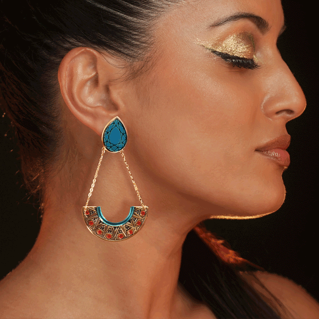 CLEOPATRA STATEMENT STACKABLE CLIP ON DANGLES| Teal and Gold