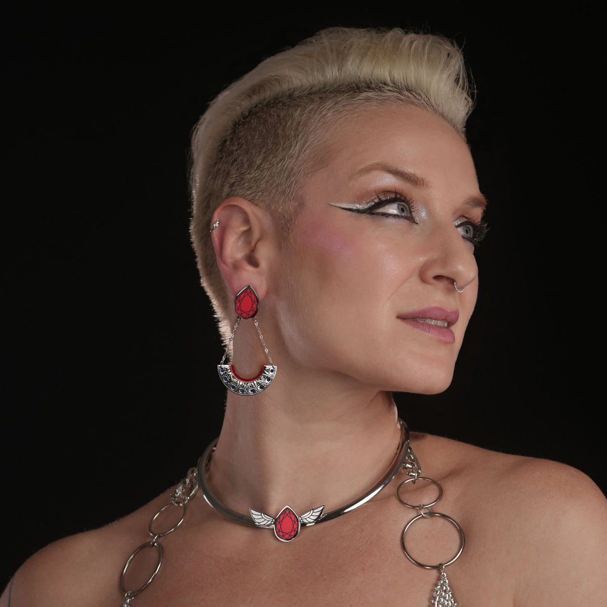 CLEOPATRA GEMMED ARC STACKABLE CLIP-ON DANGLES | Ruby and Silver