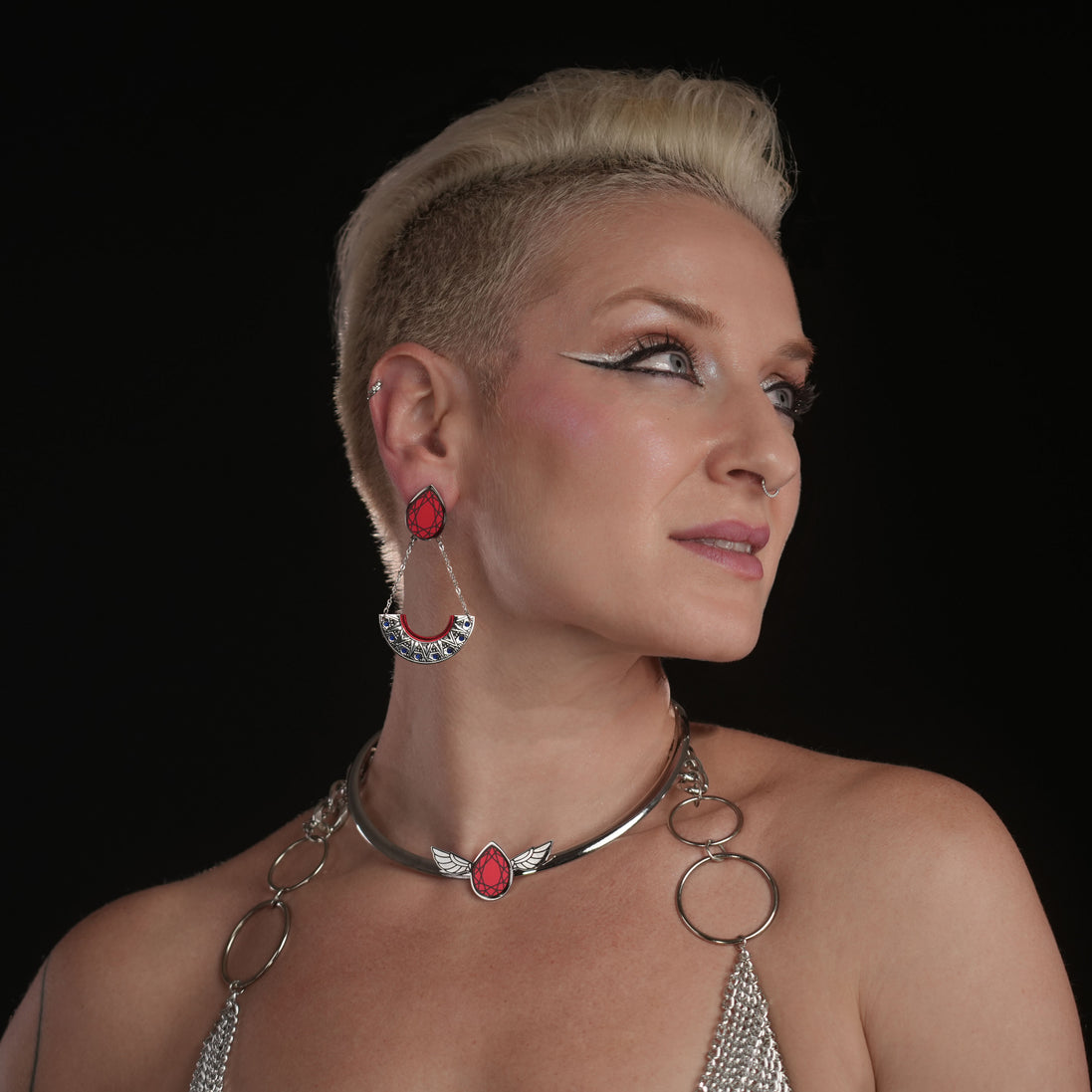 CLEOPATRA GEMMED ARC STACKABLE CLIP-ON DANGLES | Ruby and Silver