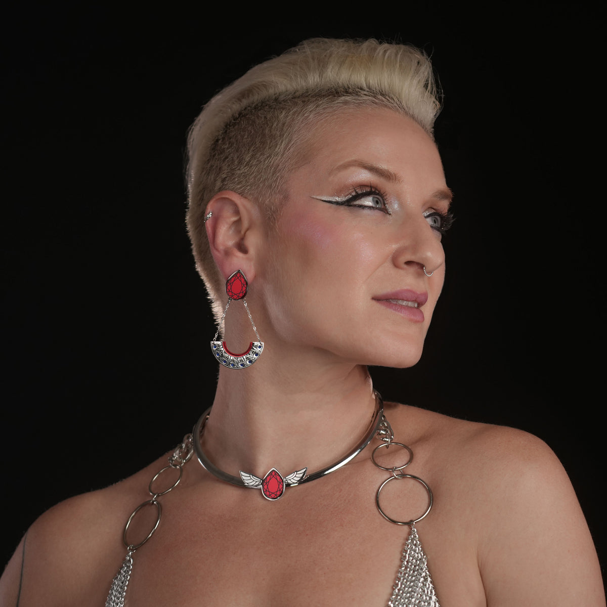 CLEOPATRA GEMMED ARC STACKABLE CLIP-ON DANGLES | Ruby and Silver
