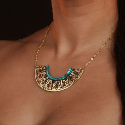 CLEOPATRA GEMMED ARC PENDANT NECKLACE | Teal and Gold
