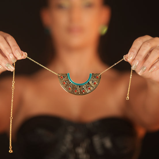 CLEOPATRA GEMMED ARC PENDANT NECKLACE | Teal and Gold