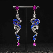 Load image into Gallery viewer, MEDUSA Silver Snake Dangle Stud Earrings | Amethyst + Midnight