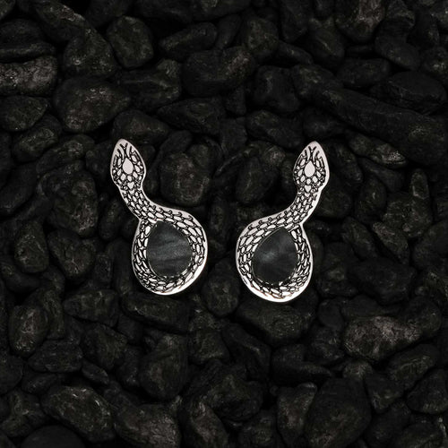 Silver snake-shaped earrings on a dark stone surface