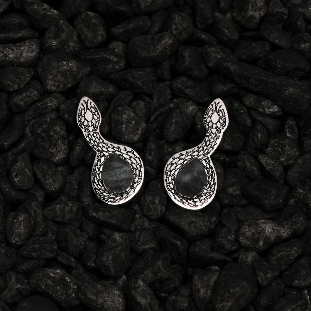 Silver snake-shaped earrings on a dark stone surface