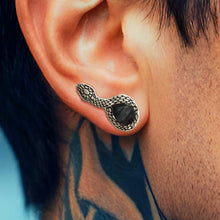 Load image into Gallery viewer, Close-up of a man&#39;s ear with a black and silver snake earring, showcasing tattooed neck.