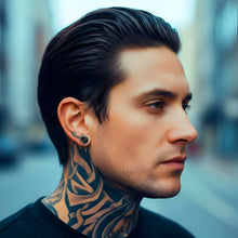 Load image into Gallery viewer, Man wearing a black and silver snake earring, showcasing tattooed neck.