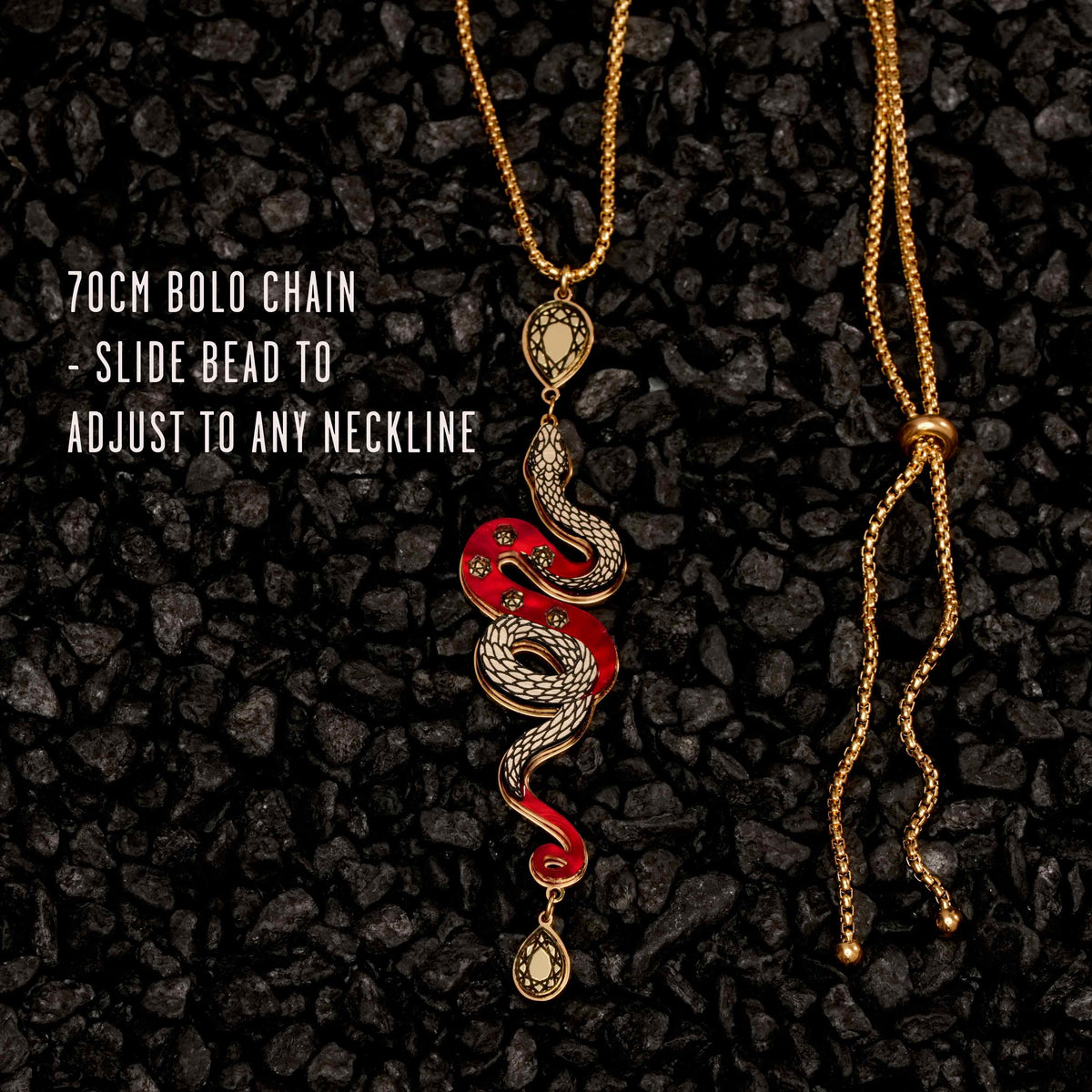 Necklace with snake design on a dark textured background