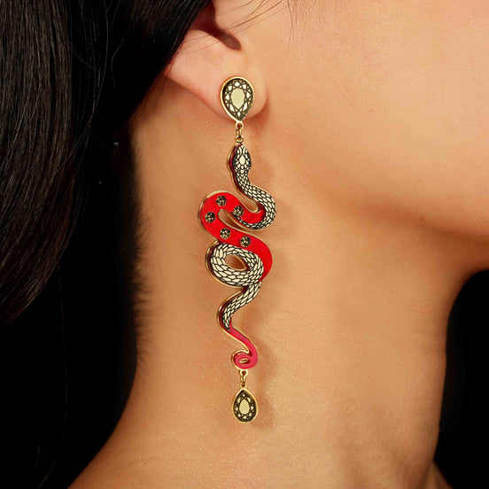 MEDUSA Gold Snake Dangle Earrings | Ruby Red