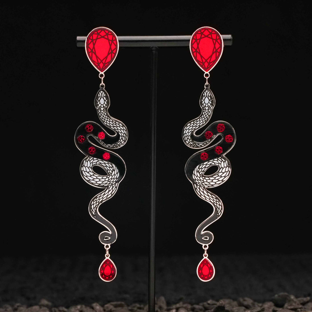 MEDUSA Silver Dangle Snake Stud Earrings | Ruby + Onyx
