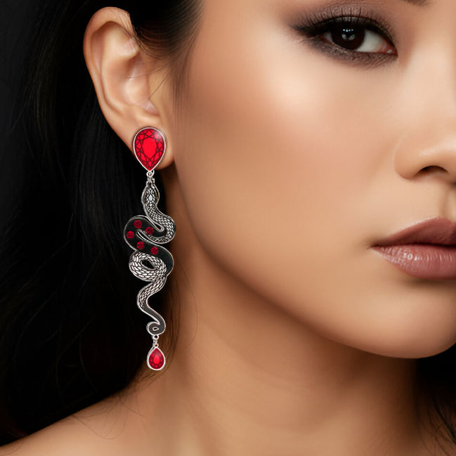 MEDUSA Silver Dangle Snake Stud Earrings | Ruby + Onyx