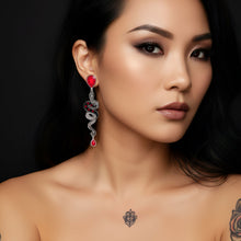 Load image into Gallery viewer, MEDUSA Silver Dangle Snake Stud Earrings | Ruby + Onyx