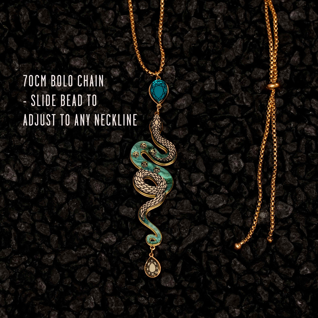 Necklace with snake pendant on a textured black background
