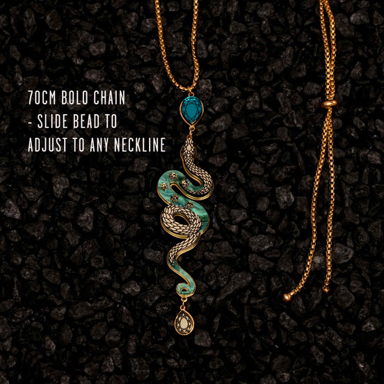 Necklace with snake pendant on a textured black background