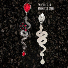 Load image into Gallery viewer, MEDUSA Silver Dangle Snake Stud Earrings | Ruby + Onyx